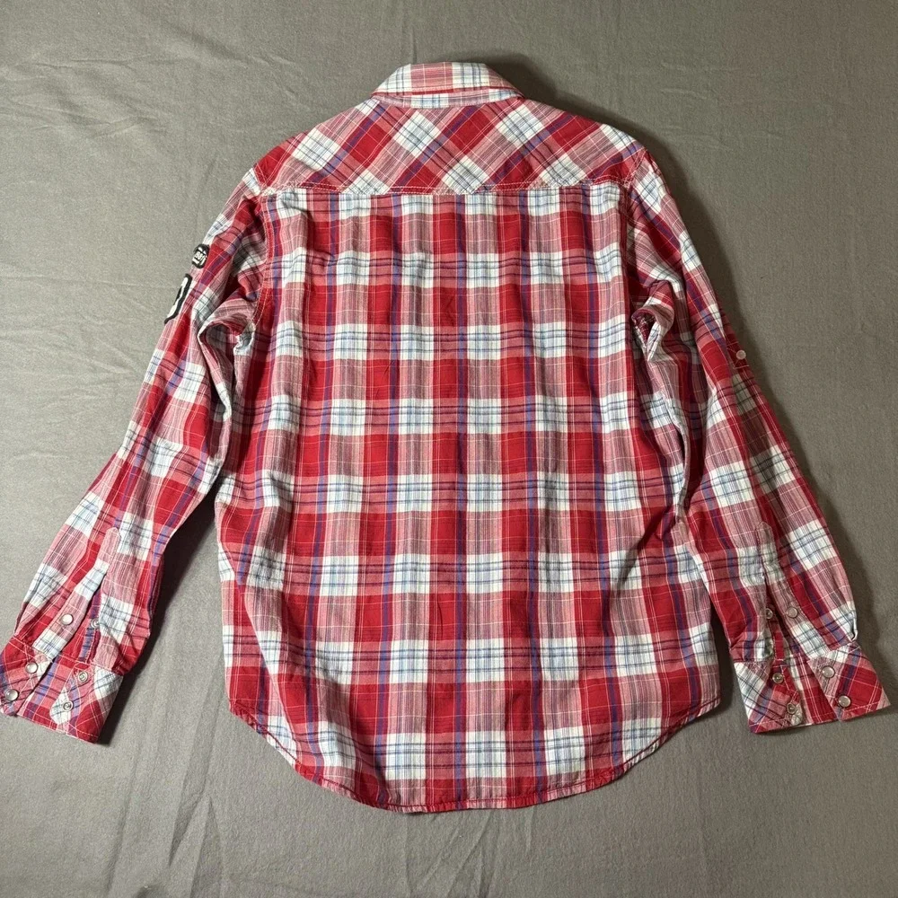 Heritage 1981 Western Snap Shirt‎ Mens Large Red Plaid Roll Tab Sleeve Button Up